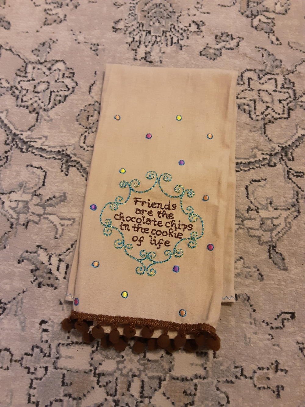 Natural Life Embroidered Kitchen Towel with Pom Trim